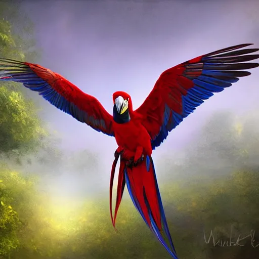 Image similar to gorgeous macaws flying at dawn through the forest get hit by beautiful light, amazon in the background, sentient bird, highly detailed, ethereal macaw, heavenly lighting, digital art, trending on art station