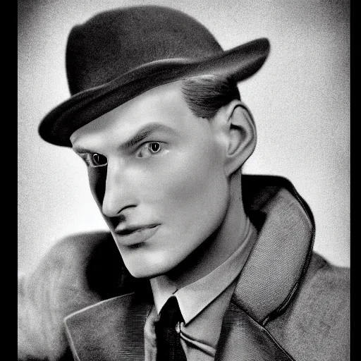 Image similar to A photograph portrait of Jerma985 wearing a suit with and fedora in the 1940s, taken in the early 1940s, grainy, taken on a 940s Kodak Camera, realistic, hyperrealistic, very realistic, highly detailed, very detailed, extremely detailed, detailed, digital art, trending on artstation