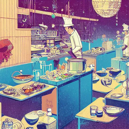 Image similar to illustration of Courageous chef's kitchen, by Victo Ngai and James Gilleard and Bruce Pennington