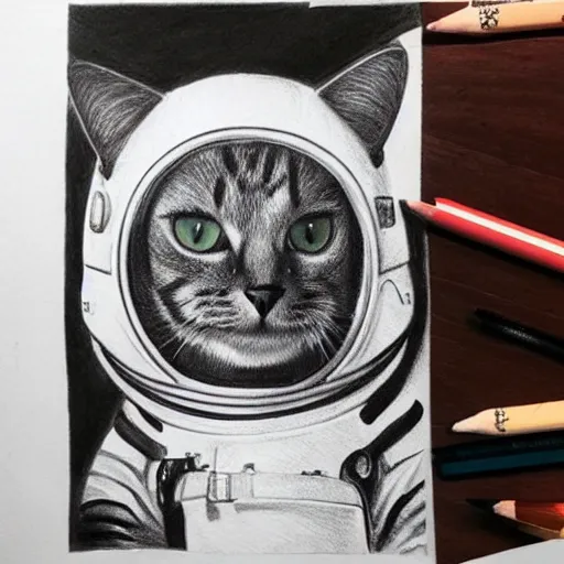 Image similar to a cat wearing a spacesuit, photorealistic pencil art