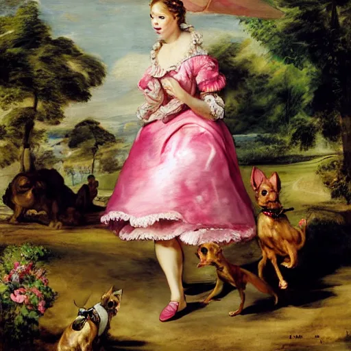 Image similar to heavenly summer sharp land sphere scallop well dressed lady walking her little pink chihuahua by the leash, auslese, by peter paul rubens and eugene delacroix and karol bak, hyperrealism, digital illustration, fauvist, walking her little pink chihuahua by the leash