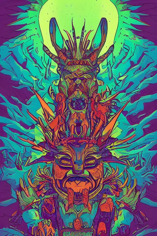 Image similar to totem animal mask tribal feather gemstone plant wood rock shaman vodoo video game vector illustration vivid multicolor borderlands comics by josan gonzales and dan mumford radiating a glowing aura