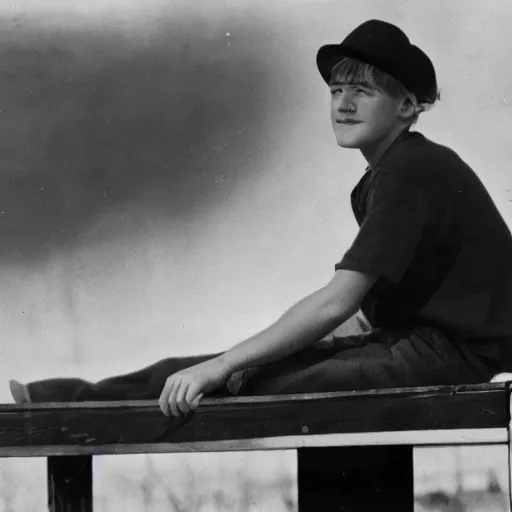 Prompt: upward photograph of a young man with a backward hat sitting on outdoor wooden bleachers next to a radio