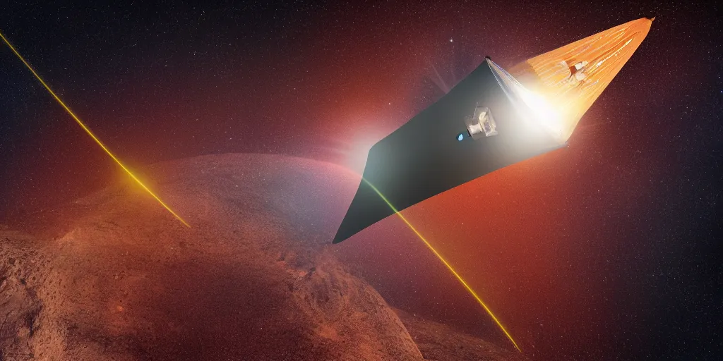 Image similar to close up of a solar sail probe entering a solar system carrying a dead alien. The probe is from an isolated star in a thick dust cloud, highly detailed, desolate, cinematic, UE5, 8K, 4K