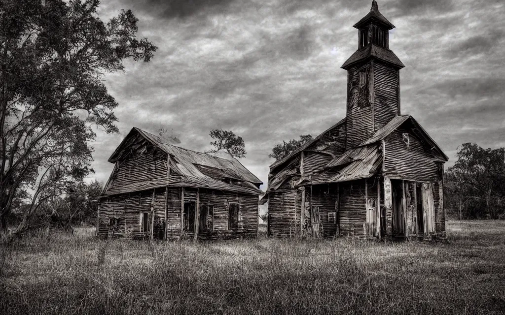 Prompt: an old wooden church rotting away in the bayou, realistic, old photograph, dynamic composition, creepy