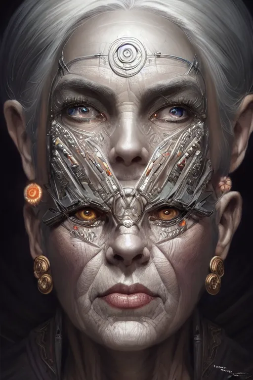 Image similar to symmetry!! portrait of an elderly grey haired woman in the style of god of war, machine parts embedded into face, intricate, elegant, highly detailed, digital painting, artstation, concept art, smooth, sharp focus, illustration, art by artgerm and greg rutkowski and alphonse mucha, 8 k