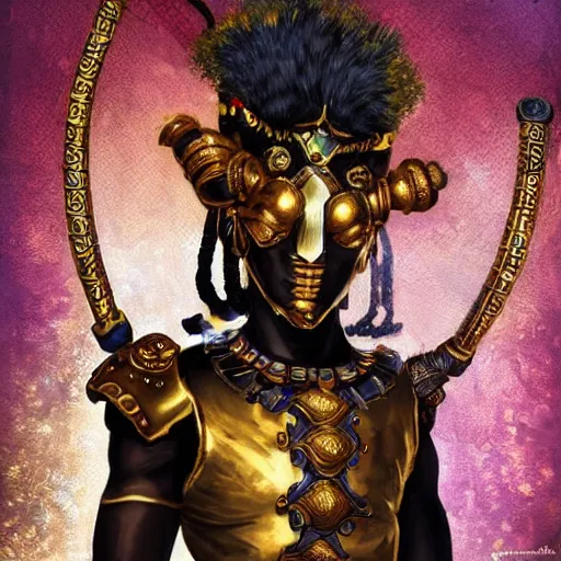 Prompt: a young black boy dressed like an african moorish warrior in gold armor and a crown with a ruby, posing with a very ornate glowing electric spear!!!!, for honor character digital illustration portrait design, by android jones in a psychedelic fantasy style, dramatic lighting, hero pose, wide angle dynamic portrait