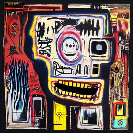 Image similar to album art designed by Giger and Basquiat for a colorful dark wave band.