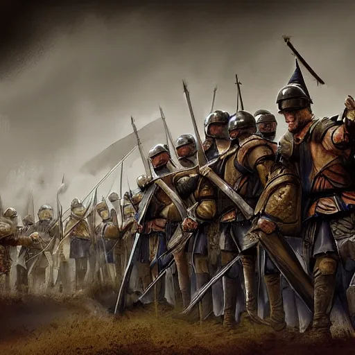 Image similar to realistic, 5 medieval soldiers, in line, ready fo battle, pikes, banner, flag, mist, up facing, epic, digital art, illustration, fantasy, realistic sketch, dark