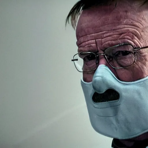 Image similar to walter white wears oxygen mask on face. he sits in a wheelchair in a courtroom. cinematic lighting