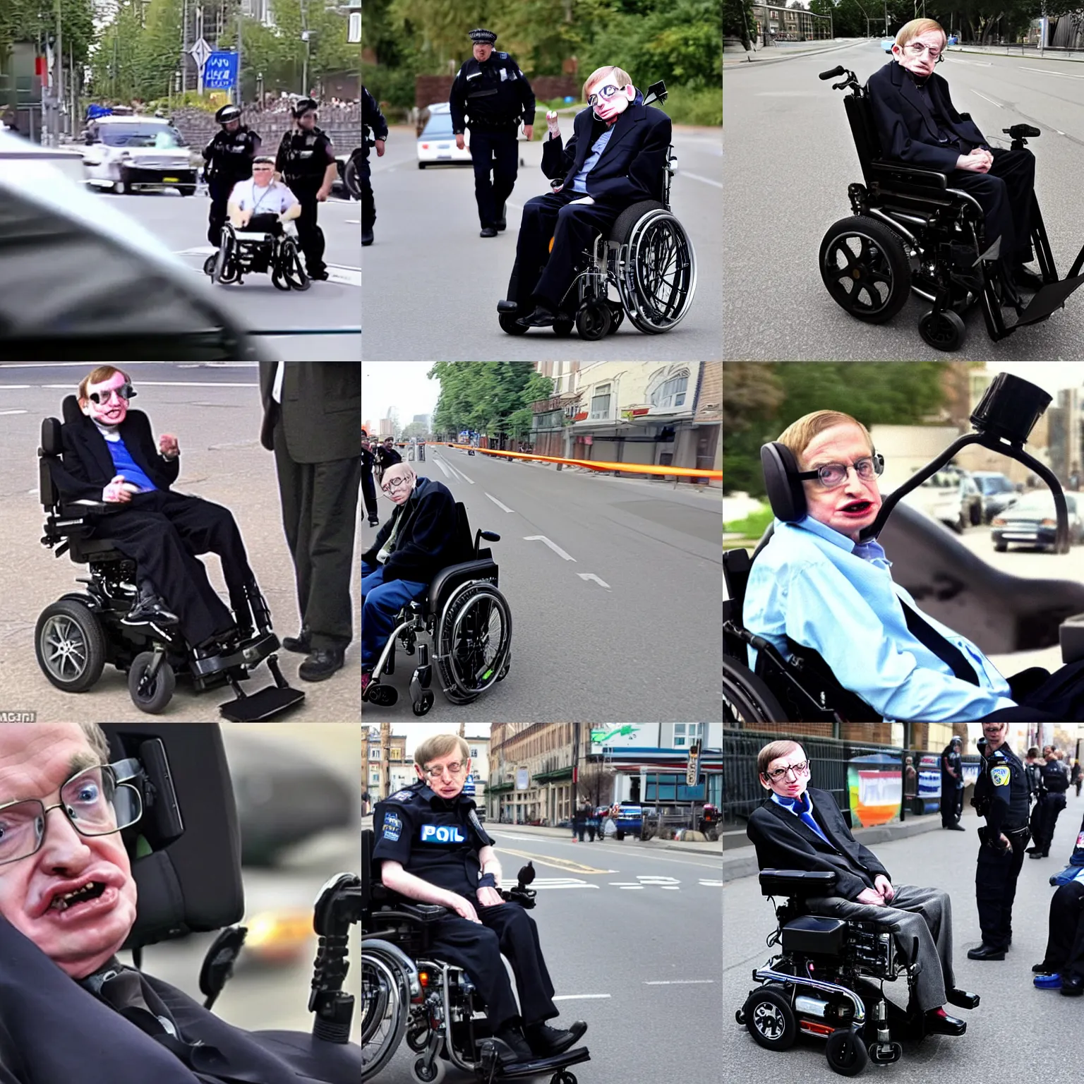 Prompt: police dash cam video of Stephen Hawking on a rocket wheelchair in an illegal street car race