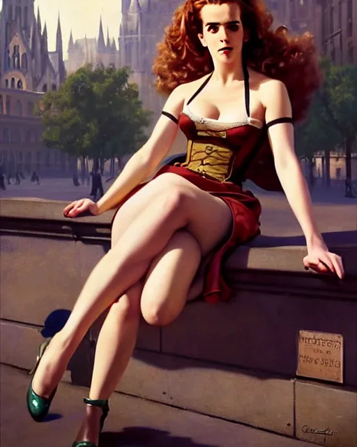 Prompt: pinup photo of hermione granger by emma watson in the crowded square of the city, by greg rutkowski, gil elvgren, enoch bolles, glossy skin, pearlescent, very coherent, flat