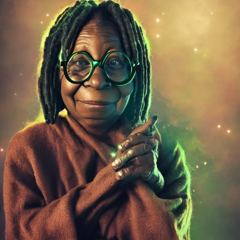 Prompt: whoopi goldberg yoda hybrid from star wars, high quality portrait photoshoot, bokeh, studio lighting, high fashion photoshoot, nebula space background, 8 k