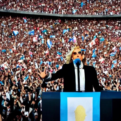 Image similar to Lady Gaga as president, Argentina presidential rally, Argentine flags behind, bokeh, giving a speech, detailed face, Argentina