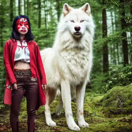 Image similar to Highly realistic photo of Princess Mononoke as a real person ((asian woman with red facepaint)) determined expression, standing next to a giant white wolf, in a forest, 85mm lens, f1.8, highly detailed