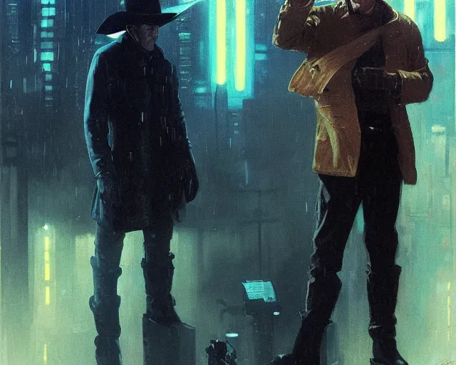 Image similar to 2 0 1 8 blade runner movie very very young clint eastwood in his youth western look at the cityscape from roof perfect face fine realistic face pretty face reflective polymer suit tight neon puffy jacket blue futuristic sci - fi elegant by denis villeneuve tom anders zorn hans dragan bibin thoma greg rutkowski ismail inceoglu illustrated sand storm alphonse mucha