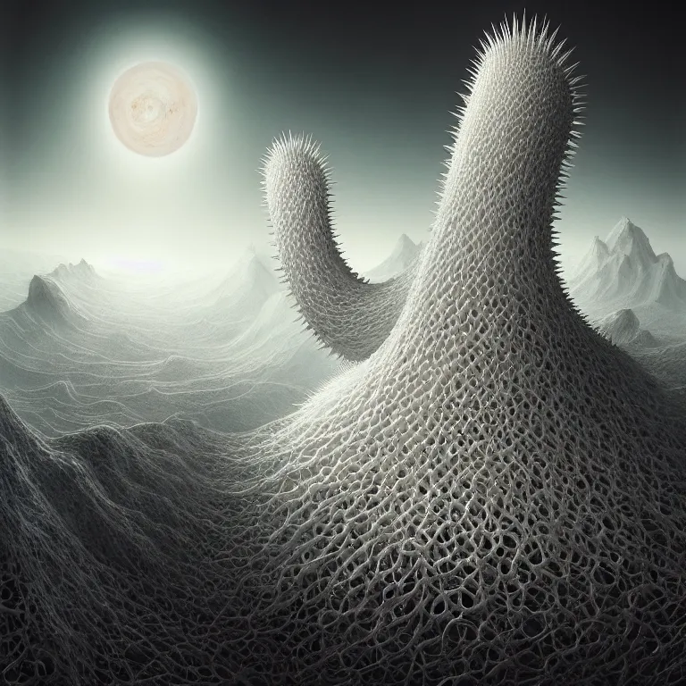 Image similar to surreal portrait of white demon covered with ribbed white spiky spiral crooked fractals, in wastelands on white exoplanet, baroque portrait painting, beautiful intricate insanely detailed octane render, artstation, 8 k artistic harsh flash photography, photorealistic, volumetric perfect light, chiaroscuro, raphael, caravaggio, beksinski, rutkowski, giger