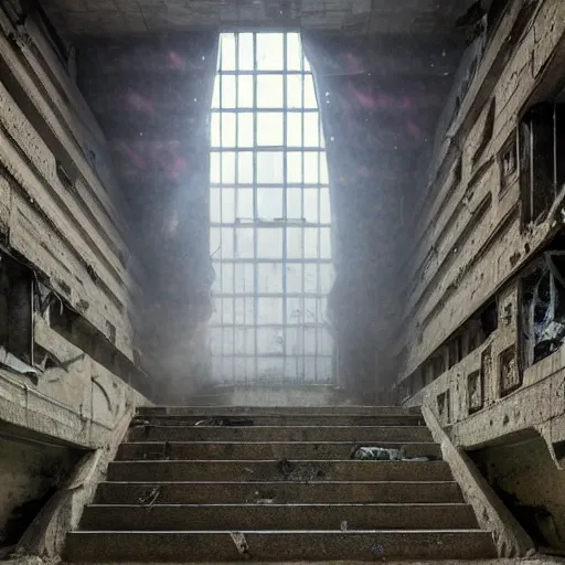 Prompt: i climb up on the endless stairs inside this decayed hitech brutalist building, rays of lights breaking through the holes in the walls, ruined litter, monumental, global illumination, by rhads and ferdinand knab and makoto shinkai and alphonse mucha