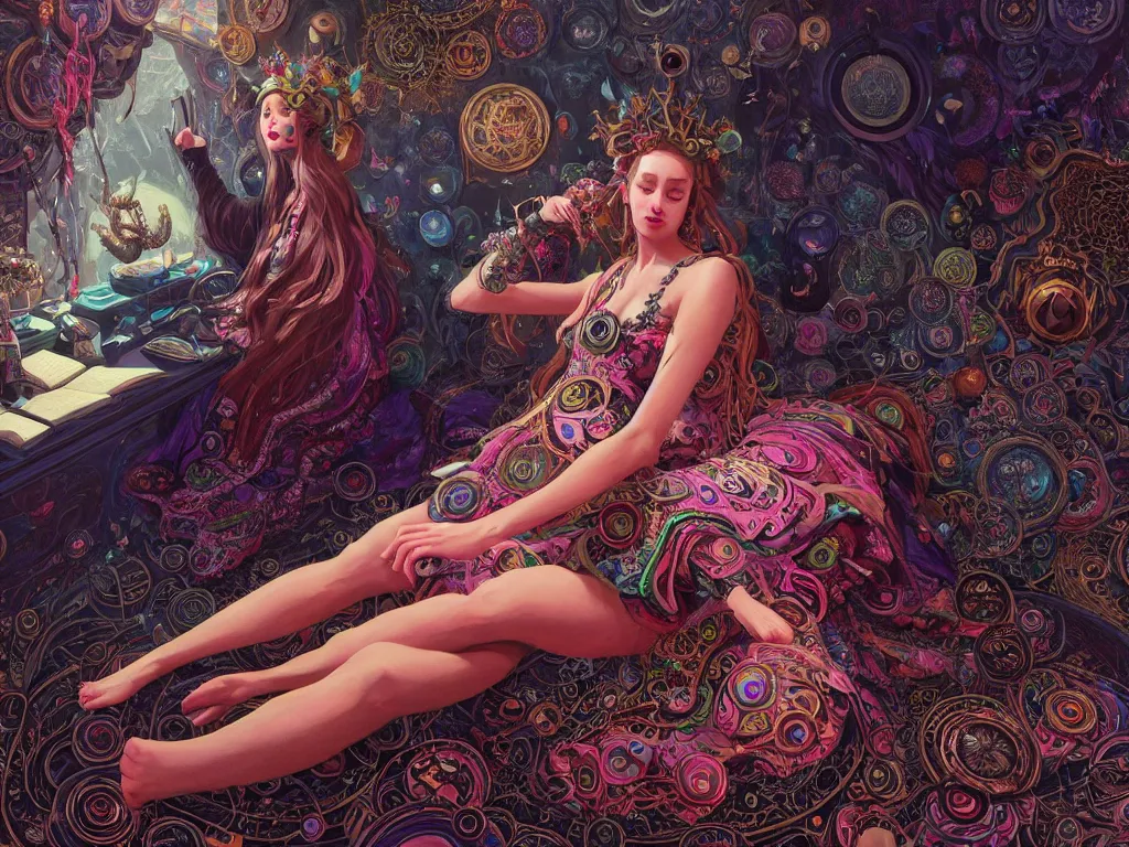 Image similar to high angle picture of a maximalist dress witch sitting on the floor and researching about the azathoth, extremely beautiful and aesthetic and detailed cute face, very huge magic circles on the hand, with familiar sprites, in the magic room, chiaroscuro, intricate, masterpiece, fantasy illustrations by ilya kuvshinov and jeremy lipking and quentin mabille