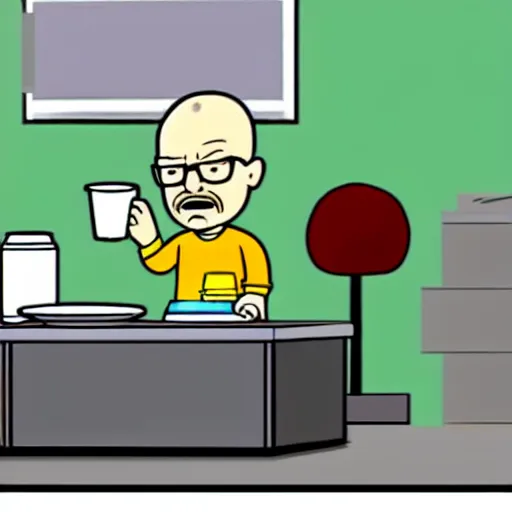 Prompt: baby Walter White doing breakfast, cartoon style,