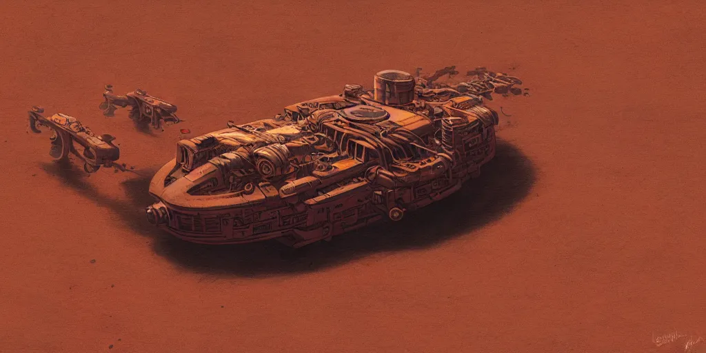 Prompt: steampunk hovercraft in a red desert, greg rutkowski, 8 k, shallow depth of field, intricate detail, concept art,