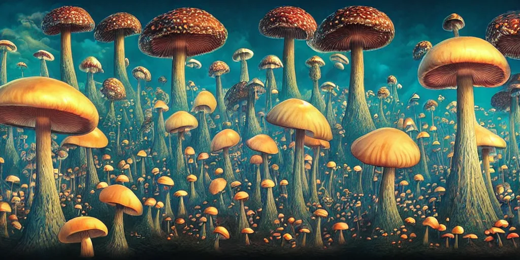Prompt: 360 degree panoramic, anthropomorphic mushroom carnival attractions portrait, Art Deco nature, fantasy, intricate art deco mushroom designs, elegant, highly detailed fractals, sharp focus, fractal big top, equirectangular, 360, panoramic equirectangular, art by Artgerm and beeple and Greg Rutkowski and WLOP