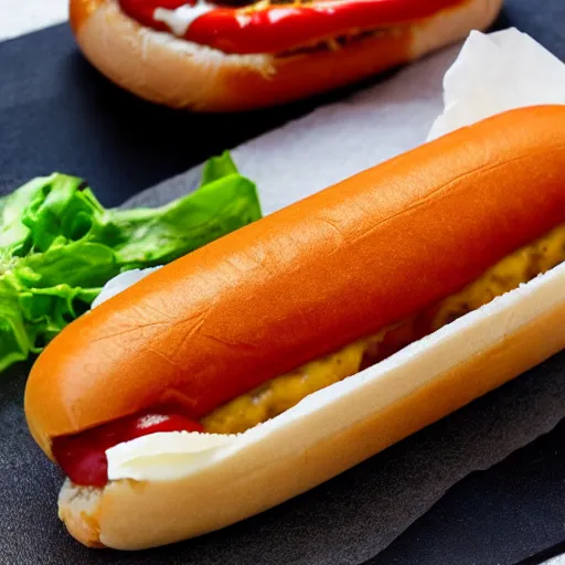 Prompt: a hotdog with just mustard and garnish on it