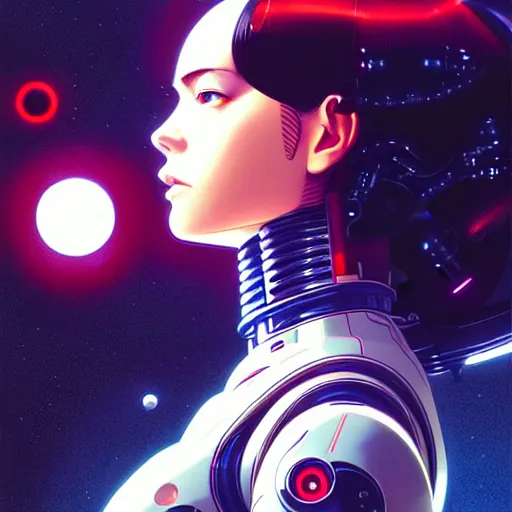 Image similar to side portrait scifi cyborg girl with robotic parts and spacesuit | | head only in center of image, audrey plaza, fine detail!! anime!! realistic shaded lighting!! poster by ilya kuvshinov katsuhiro otomo ghost - in - the - shell, magali villeneuve, artgerm, jeremy lipkin and michael garmash and rob rey