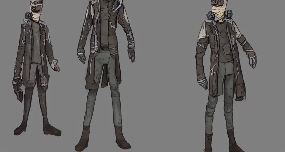 Image similar to concept art of a lean and lanky man that has a radio for a head and wears a cyberpunk coat, concept art, turnaround world building, character design