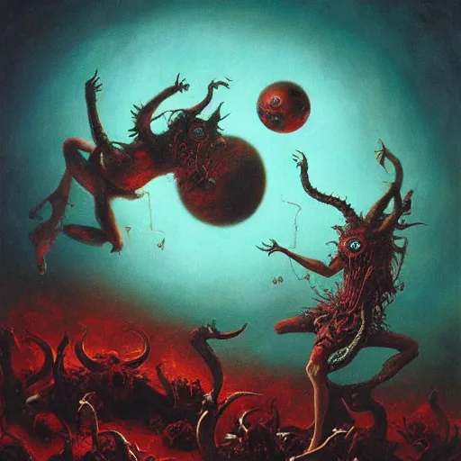 Prompt: two demons dance ballet in hell, surrounded by spheres!!!, beksinski, dariusz zawadzki, very coherent symmetrical artwork. cinematic, hyper realism, high detail, octane render, 8 k