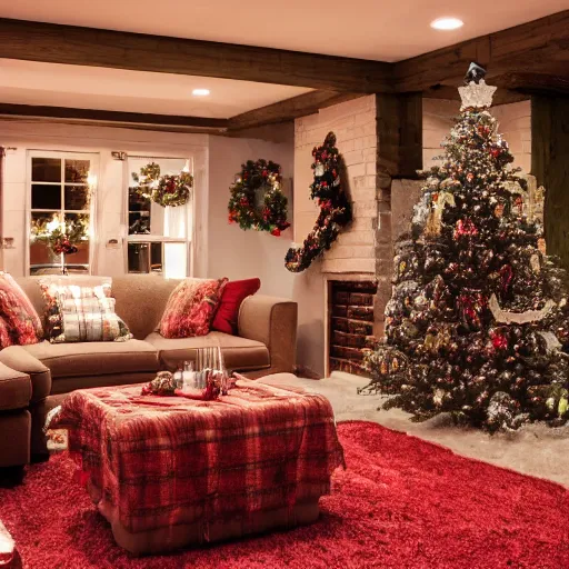 Image similar to interior of a cozy basement with christmas decorations, hd photo