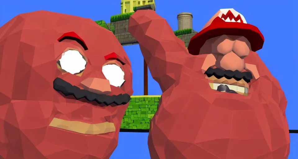 Image similar to Screenshot of a low-poly 3d version of Meatwad from Aqua Teen Hunger Force as a 3d NPC in the 3d videogame 'Super Mario 64' on the 'Nintendo-64' game console.