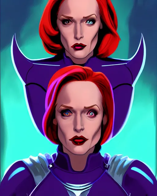 Prompt: dana scully as queen machine, supervillain, villainess, pulp femme fatale, comic cover painting, masterpiece artstation. 8 k, sharp high quality artwork in style of wayne reynolds and don bluth, concept art by jack kirby, blizzard warcraft artwork, hearthstone card game artwork