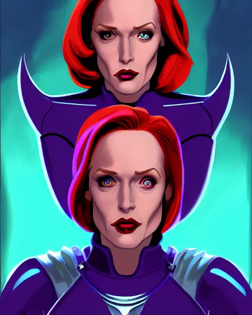 Image similar to dana scully as queen machine, supervillain, villainess, pulp femme fatale, comic cover painting, masterpiece artstation. 8 k, sharp high quality artwork in style of wayne reynolds and don bluth, concept art by jack kirby, blizzard warcraft artwork, hearthstone card game artwork