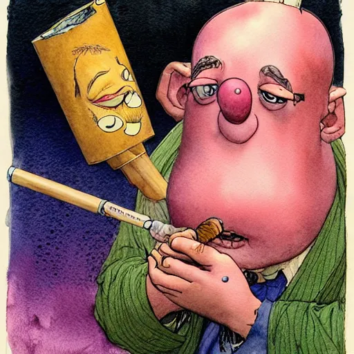 Image similar to a realistic and atmospheric watercolour fantasy character concept art portrait of mr. potato head with pink eyes wearing a wife beater and smoking a huge blunt by rebecca guay, michael kaluta, charles vess and jean moebius giraud