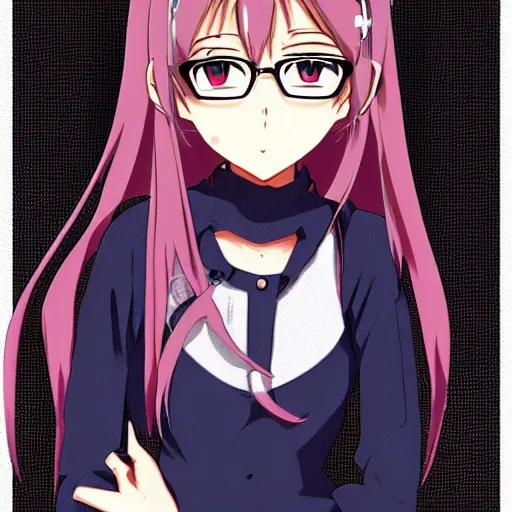 Prompt: Anime Girl. High-Angle shot. 2d Anime Manga drawing. Glasses, cute look. conservative outfit. Sharp colors, detailed. 2d art. Kawaii