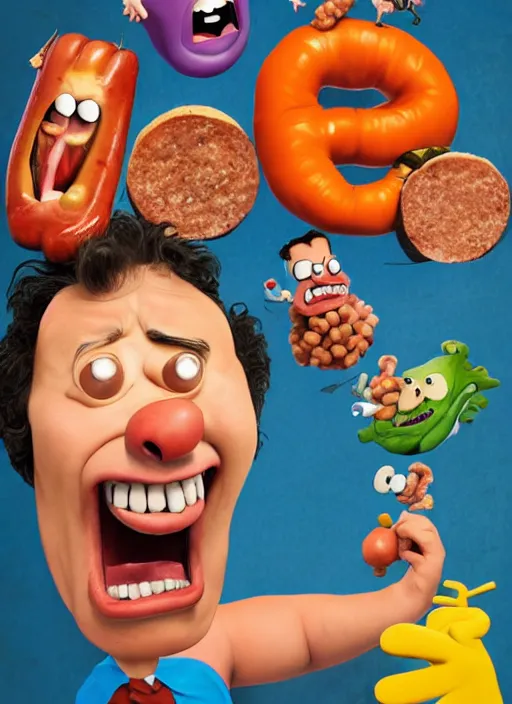 Prompt: hyperrealistic mark ruffalo caricature screaming on a dartboard surrounded by big fat frankfurter sausages with a trippy surrealist mark ruffalo screaming portrait on The Amazing World of Gumball by and norman rockwell and aardman animation, mark ruffalo caricature dartboard with hot dogs, breakfast box mascot, target reticles