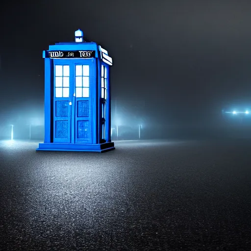 Prompt: a hyperdetailed photograph of the tardis sat on a futuristic street corner, night, dense fog, rain, hd, 8 k resolution