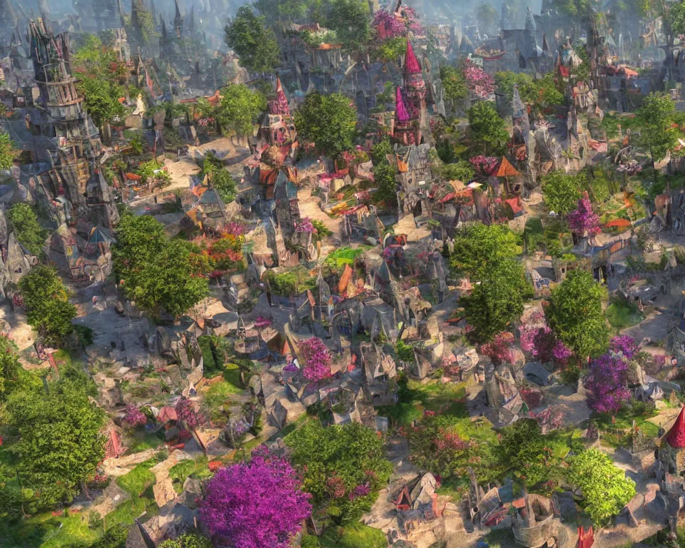 Image similar to colorful medieval city of the fae, built into trees and stone, fanciful, magical, unreal engine