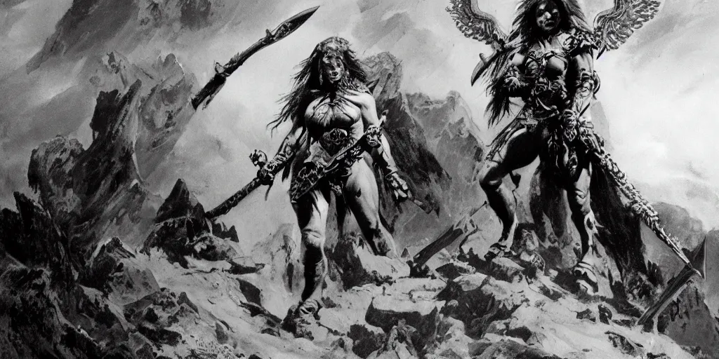 Image similar to female death dealer warrior, angel, by frank frazetta, wield large sharp metal double axe, full armor with ornaments made of black obsidian, standing on a hill at dark forest, cloudy dark sky, post-apocalyptic hellscape, hyperdetailed, photorealistic