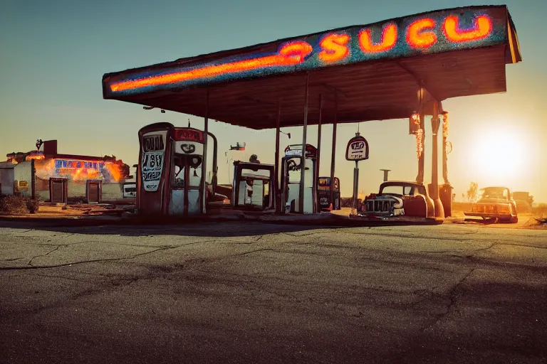 Image similar to a sunset light landscape with historical route 6 6, lots of sparkling details and sun ray ’ s, blinding backlight, smoke, volumetric lighting, colorful, octane, 3 5 mm, abandoned gas station, old rusty pickup - truck, beautiful epic colored reflections, very colorful heavenly, softlight