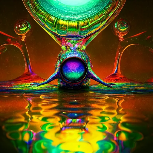 Image similar to macro lens, candy iridescent creature in candyland, water reflection, night, backlit, warm tones, bioluminescent : by michal karcz, daniel merriam, victo ngai and guillermo del toro : ornate, dynamic, particulate, intricate, elegant, highly detailed, centered, artstation, smooth, sharp focus, octane render