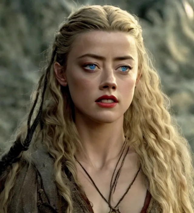 Image similar to amber heard in lord of the rings, movie still frame, hd, remastered, cinematic lighting