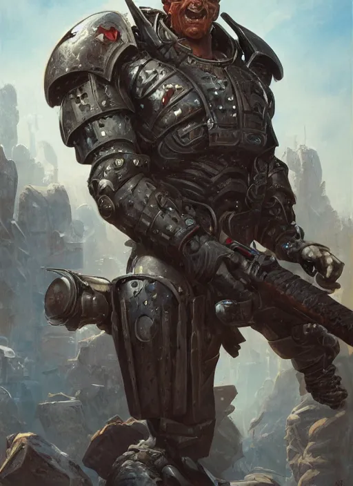 Image similar to portrait of a handsome brute warrior in a futuristic warzone. art by denys tsiperko and dan dos santos and boris vallejo. detailed, hyperrealism, macho, 8 k resolution