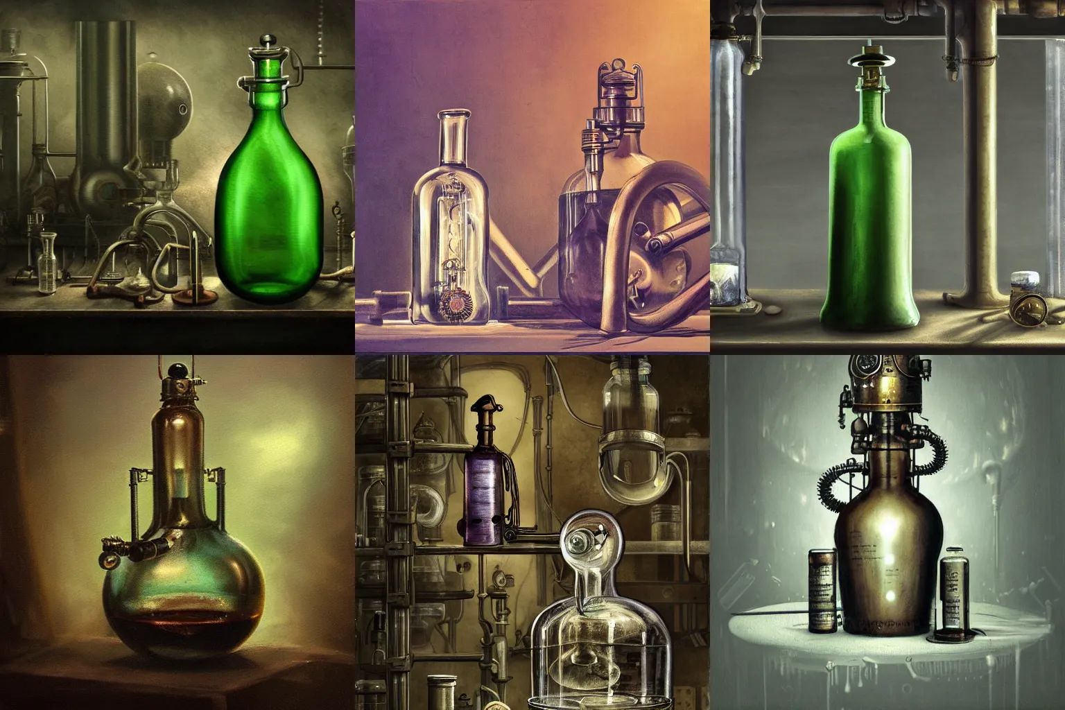 Prompt: a painting of a steampunk potion bottle in a dark dusty vintage science lab, by h. r. giger, green, hyperrealistic fantasy art, concept matte, ethereal, dreamy, digital art, trending on artstation, volumetric cinematic lighting