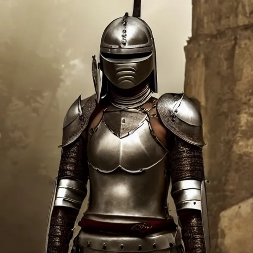 Prompt: a beautiful female knight in a light leather armor without any battle experience who only came to see a dragon, symmetrical, cinematic, real photography