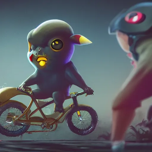 Prompt: zombie pikachu riding a bicycle, cinematic, cinematic lighting, trending on Artstation, Cgsociety, detailed, 4k, very realistic