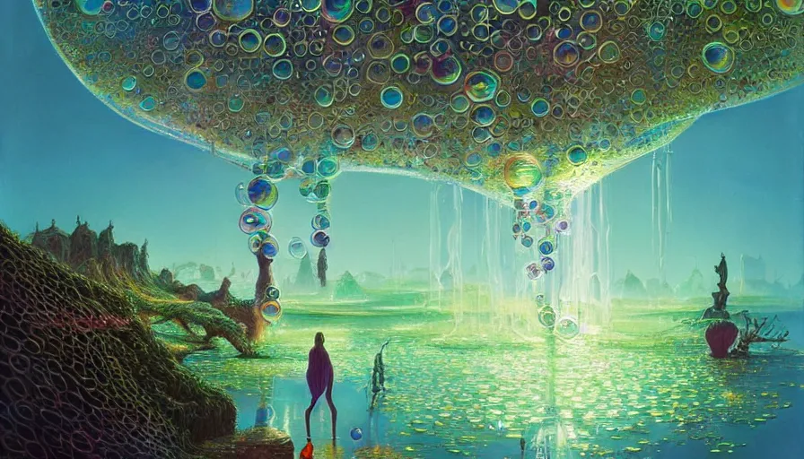 Image similar to a beautiful woman inside ornate bubbles of iridescent liquid, alchemy, intricate, bloom, detailed, volumetric lighting, sharp focus, photorealism, digital painting, highly detailed, concept art, by roger dean and simon stalenhag and mark brooks