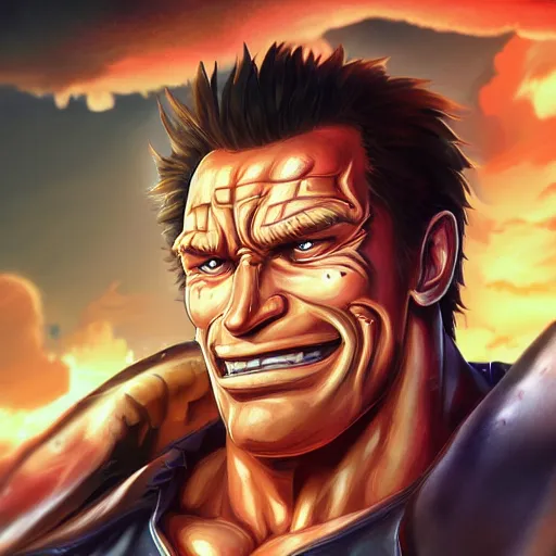 Image similar to Portrait of Schwarzenegger as a character of One Piece, mattepainting concept Blizzard pixar maya engine on stylized background splash comics global illumination lighting artstation samwise didier, rossdraws