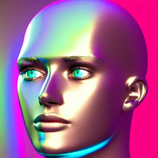 Image similar to 3d render of holographic human robotic head made of glossy iridescent, surrealistic 3d illustration of a human face non-binary, non binary model, 3d model human, cryengine, made of holographic texture, holographic material, holographic rainbow, concept of cyborg and artificial intelligence